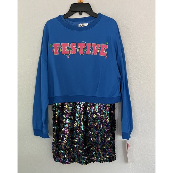 Rare Editions Christmas Festive Sweatshirt 2 Pc Sequin Skirt Dress Girls Size L - Picture 1 of 9
